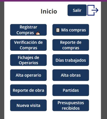 Menú principal de la app Compras y Fichajes en Power Apps
