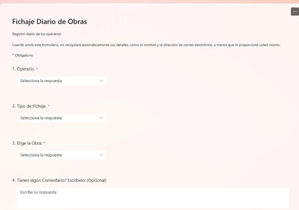 Formulario de Microsoft Forms para el fichaje diario de un operario