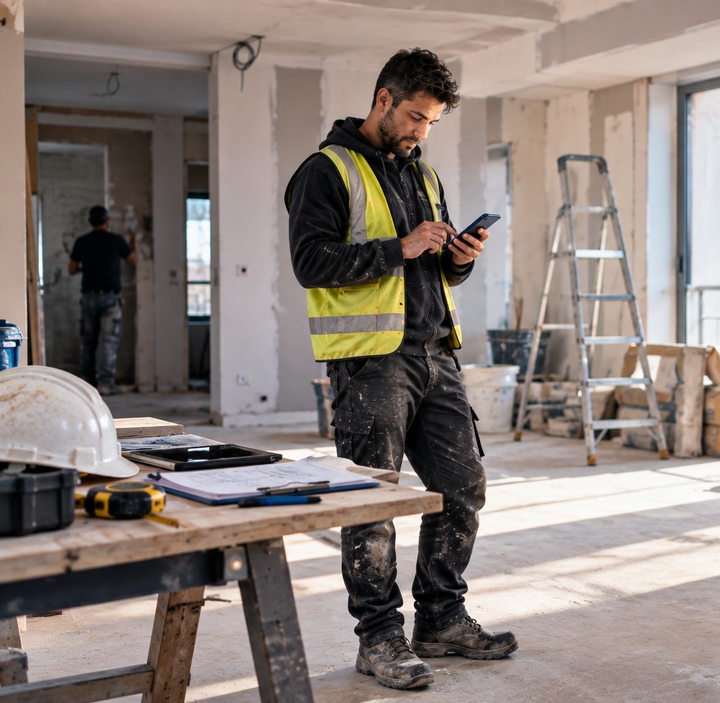 Trabajador de obra consultando el móvil junto a una mesa con casco, metro y notas en papel