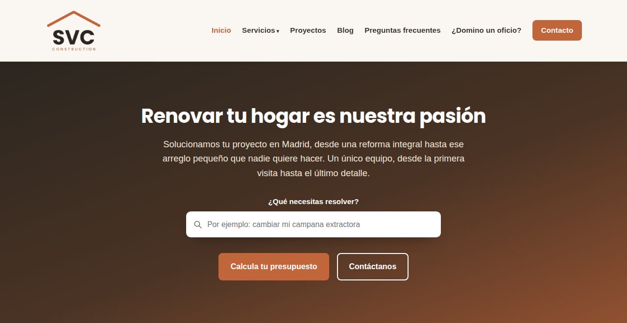 Portada de la web de SVC Construction con buscador de servicios